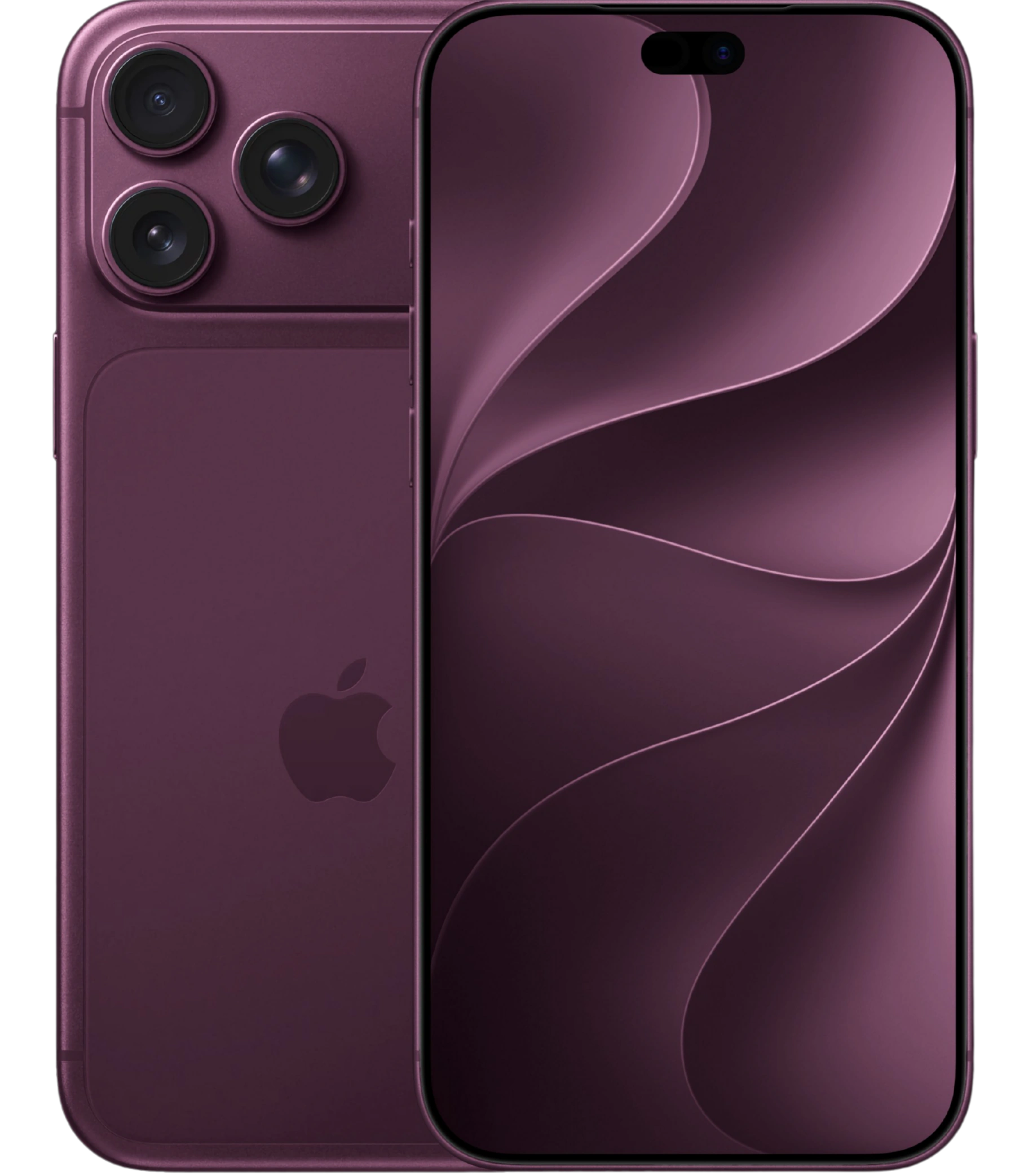 Render conceptual del posible iPhone 18 en color Dark Cherry, vista frontal y posterior
